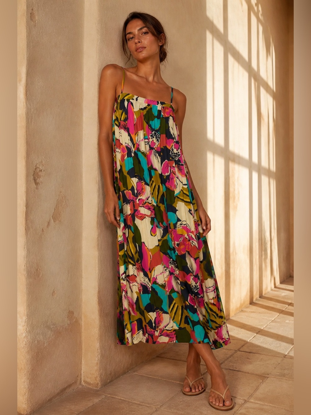 Lascana - Casual Comfy Vibrant Floral Maxi Dress in Pink & Teal w/ Pockets